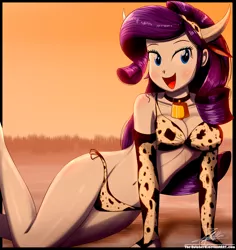 Size: 1360x1440 | Tagged: suggestive, artist:the-butch-x, derpibooru import, rarity, cow, equestria girls, bell, bikini, breasts, bull horns, busty rarity, cleavage, clothes, cowbell, cowprint, evening gloves, female, gloves, long gloves, looking at you, open mouth, raricow, signature, solo, solo female, species swap, stupid sexy rarity, swimsuit