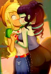 Size: 1250x1800 | Tagged: safe, artist:the-butch-x, derpibooru import, applejack, coloratura, equestria girls, equestria girls series, ass, betrayal, blushing, breasts, butt, clothes, coloratur-ass, commission, eyes closed, female, geode of super strength, kissing, lesbian, magical geodes, rara, rarajack, shipping, surprise kiss