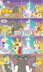 Size: 2000x3301 | Tagged: safe, artist:mlp-silver-quill, derpibooru import, princess celestia, oc, oc:dress blues, oc:imani, oc:shining lance, elephant, pony, comic:imani, airship, choking, sunset