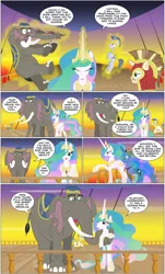 Size: 2000x3301 | Tagged: safe, artist:mlp-silver-quill, derpibooru import, princess celestia, princess luna, oc, oc:dress blues, oc:imani, oc:shining lance, elephant, pony, comic:imani, airship, magic, royal guard, sunset