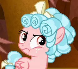 Size: 477x425 | Tagged: safe, derpibooru import, edit, edited screencap, screencap, cozy glow, lord tirek, pegasus, pony, the beginning of the end, cozy glow is best facemaker, cozy glow is not amused, cozybetes, cropped, curly mane, cute, eyeroll, female, filly, foal, freckles, hair ribbon, puffy cheeks, ribbon, solo focus