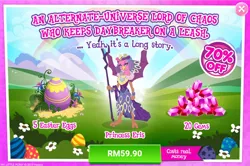 Size: 1036x687 | Tagged: safe, derpibooru import, official, princess eris, pony, advertisement, costs real money, crack is cheaper, gameloft, greedloft, implied daybreaker, sarimanok