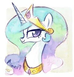 Size: 681x709 | Tagged: safe, artist:agnesgarbowska, derpibooru import, princess celestia, alicorn, pony, bust, crown, cute, cutelestia, female, jewelry, mare, regalia, smiling, solo, traditional art, watercolor painting