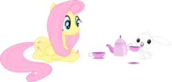 Size: 7334x3500 | Tagged: safe, artist:vaderpl, derpibooru import, angel bunny, fluttershy, pegasus, pony, rabbit, too many pinkie pies, angelbetes, animal, crossed hooves, cup, cute, duo, female, lying down, mare, shyabetes, simple background, smiling, teacup, teapot, transparent background, vector