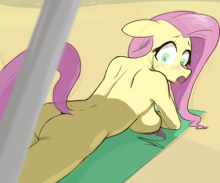 Size: 1440x1200 | Tagged: anthro, artist:killingpie03, artist:pashoo, ass, beach, blushing, breasts, butt, casual nudity, derpibooru import, dock, edit, embarrassed, female, floppy ears, fluttershy, frown, looking at you, looking back, looking back at you, mare, nude edit, nudity, :o, open mouth, prone, raised tail, sideboob, solo, solo female, suggestive, tail, wide eyes