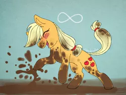 Size: 2048x1536 | Tagged: safe, artist:incendiaryboobs, derpibooru import, applejack, earth pony, pony, blushing, chest fluff, cute, daaaaaaaaaaaw, dirty, eyes closed, female, happy, horses doing horse things, infinity symbol, jackabetes, mare, mud, muddy, muddy hooves, open mouth, rearing, silly, silly pony, smiling, solo, splashing, who's a silly pony