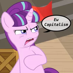 Size: 2500x2500 | Tagged: safe, artist:pizzamovies, derpibooru import, starlight glimmer, pony, unicorn, communism, crossing the memes, dialogue, ew gay, female, flag, hammer and sickle, mare, me irl, meme, mood af, s5 starlight, solo, stalin glimmer, text