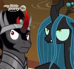 Size: 640x597 | Tagged: changeling, changeling queen, confused, cropped, cute, cutealis, derpibooru import, duo, fangs, female, king sombra, male, queen chrysalis, safe, screencap, sombradorable, the beginning of the end