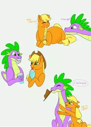 Size: 1380x1922 | Tagged: safe, artist:bellbell123, derpibooru import, applejack, spike, accessory theft, applespike, blushing, cute, dialogue, doodles, female, jackabetes, male, messy eating, milkshake, older, older spike, pregnant, shipping, spikabetes, straight, thought bubble