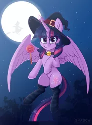 Size: 1654x2244 | Tagged: safe, artist:shadowreindeer, derpibooru import, twilight sparkle, twilight sparkle (alicorn), alicorn, pony, beanbrows, bell, bell collar, broom, chest fluff, clothes, collar, eye clipping through hair, eyebrows, eyebrows visible through hair, flying, flying broomstick, halloween, hat, holiday, moon, socks, solo, striped socks, witch, witch hat