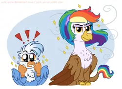 Size: 1280x939 | Tagged: safe, artist:pink-pone, derpibooru import, oc, oc:gren, oc:rainbow feather, gryphon, hippogriff, brother and sister, cute, female, interspecies offspring, magical lesbian spawn, male, next generation, offspring, parent:gilda, parent:rainbow dash, parents:gildash, siblings, sparkles, windswept mane