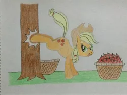 Size: 3264x2448 | Tagged: safe, artist:don2602, derpibooru import, applejack, earth pony, pony, :p, apple, apple tree, applebucking, basket, bucking, female, looking back, solo, tongue out, traditional art, tree