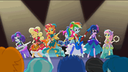 Size: 640x363 | Tagged: safe, derpibooru import, screencap, applejack, fluttershy, pinkie pie, rainbow dash, rarity, sci-twi, sunset shimmer, twilight sparkle, equestria girls, legend of everfree, animated, camp everfree outfits, clothes, dress, drums, gif, guitar, humane five, humane seven, humane six, keytar, musical instrument, tambourine, the rainbooms