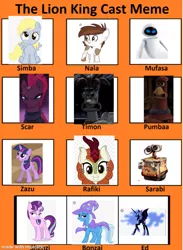 Size: 733x1000 | Tagged: safe, derpibooru import, autumn blaze, derpy hooves, nightmare moon, pipsqueak, starlight glimmer, tempest shadow, trixie, twilight sparkle, pony, chicken run, female, filly, recast meme, wall-e