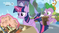 Size: 881x495 | Tagged: safe, derpibooru import, screencap, spike, star swirl the bearded, twilight sparkle, twilight sparkle (alicorn), alicorn, dragon, pony, the point of no return, all new, book, box, discovery family logo, figure, school of friendship, scroll, text, waterfall, winged spike