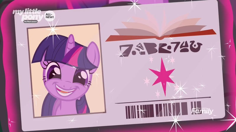 Size: 1920x1080 | Tagged: safe, derpibooru import, screencap, twilight sparkle, pony, unicorn, the point of no return, adorkable, alien language, barcode, cute, derp, discovery family logo, dork, faic, female, grin, happy, hieroglyphics, levitation, library card, looking at you, magic, magic aura, mare, open mouth, smiling, solo, sparkles, telekinesis, twiabetes, unicorn twilight, written equestrian