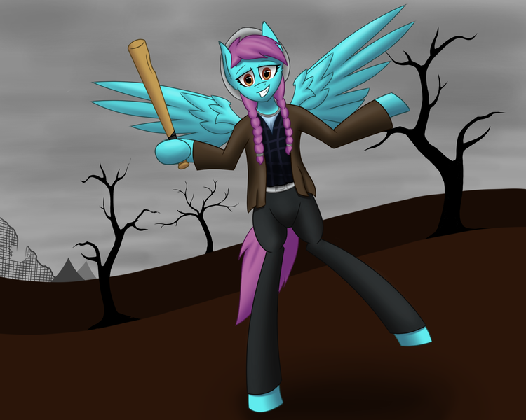 Size: 2560x2048 | Tagged: safe, artist:hugo231929, derpibooru import, bat, pony, semi-anthro, clothes, looking at you, post-apocalyptic, shrug, smiling, solo, wings