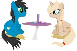 Size: 1664x1105 | Tagged: safe, artist:chipmagnum, derpibooru import, oc, oc:apple krumpet, oc:chip, unofficial characters only, pegasus, pony, unicorn, female, male, mare, simple background, stallion, table, transparent background