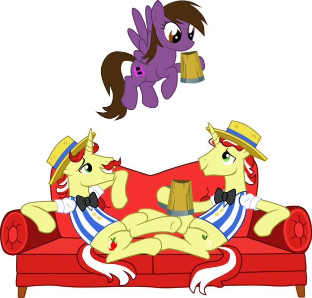 Size: 2147x2049 | Tagged: safe, artist:chipmagnum, derpibooru import, flam, flim, oc, oc:kaitly, pegasus, pony, cider mug, couch, female, flim flam brothers, flying, hoof hold, mare, mug, simple background, transparent background