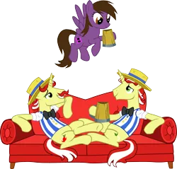 Size: 2147x2049 | Tagged: safe, artist:chipmagnum, derpibooru import, flam, flim, oc, oc:kaitly, pegasus, pony, cider mug, couch, female, flim flam brothers, flying, hoof hold, mare, mug, simple background, transparent background