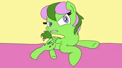 Size: 840x473 | Tagged: safe, artist:sketch-leaderboard, derpibooru import, oc, oc:grassy blade, unofficial characters only, pony, angry, female, filly, green pony, leaping, paint tool sai 2, short tail, simple background, solo