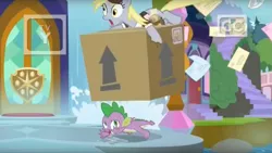 Size: 1635x919 | Tagged: box, carrying, derpibooru import, derpy hooves, imminent pain, letter, mail, safe, school of friendship, screencap, spike, the point of no return, waterfall