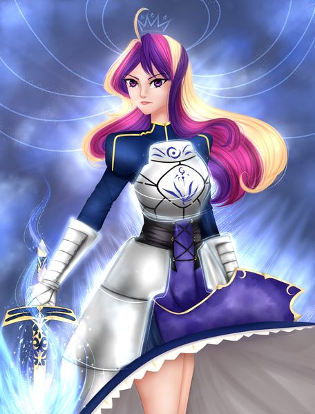 Size: 2745x3612 | Tagged: armor, artist:mdeltar, artoria pendragon, caliburn, derpibooru import, fate/grand order, fate/stay night, female, human, humanized, princess cadance, saber, safe, solo, sword, weapon