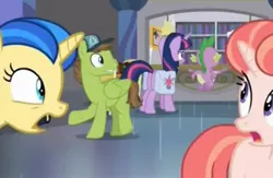 Size: 881x576 | Tagged: safe, derpibooru import, screencap, douglas spruce, evergreen, spike, twilight sparkle, twilight sparkle (alicorn), alicorn, dragon, pegasus, pony, unicorn, the point of no return, bag, female, gravity falls, library, male, mare, saddle bag, stallion, winged spike