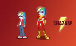 Size: 1110x670 | Tagged: safe, artist:deidrax, derpibooru import, rainbow dash, equestria girls, billy batson, cape, clothes, crossover, female, shazam, superhero