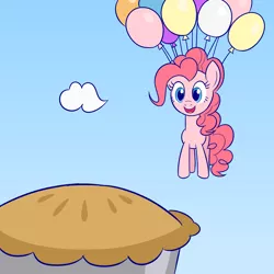 Size: 2000x2000 | Tagged: safe, artist:sazanamibd, derpibooru import, pinkie pie, earth pony, pony, balloon, female, floating, food, mare, pie, solo, then watch her balloons lift her up to the sky