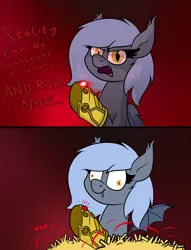 Size: 1480x1942 | Tagged: safe, artist:moonatik, derpibooru import, oc, oc:panne, unofficial characters only, bat pony, pony, 2 panel comic, avengers, avengers: infinity war, bat pony oc, bat wings, chips, comic, derp, faic, female, food, french fries, infinity gauntlet, mare, marvel, marvel cinematic universe, movie reference, reality stone, slit pupils, solo, space stone, spoilers for another series, talking to viewer, thanos, that pony sure does love fries, wings