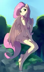 Size: 1431x2323 | Tagged: anthro, artist:iuth, barefoot, blushing, breasts, cute, day, derpibooru import, eyelashes, featureless breasts, feet, female, fluttershy, long mane, long tail, mare, nudity, outdoors, pegasus, pink mane, pink tail, plantigrade anthro, sitting, sky, solo, solo female, suggestive, tail, tree, wings