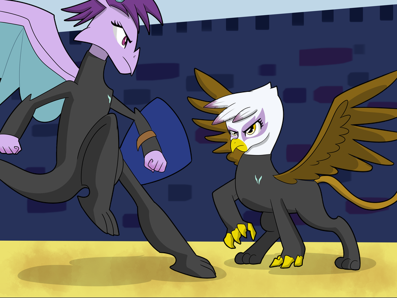 Size: 3357x2517 | Tagged: safe, artist:chedx, derpibooru import, gilda, prominence, dragon, gryphon, comic:the storm kingdom, clothes, fort ponyville, shield, sparing, storm army, uniform