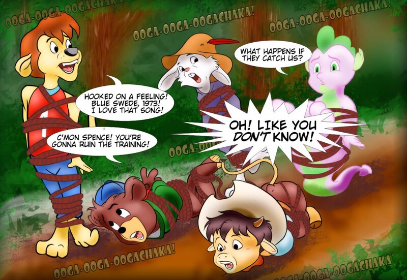 Size: 1280x881 | Tagged: artist:esteban, cody calf, commission, conversation, crawling, crossover, derpibooru import, dirt path, escape, forest, hopping, kit cloudkicker, lionheart, moo mesa, musical reference, robin hood, safe, sidekick, skippy, speech, speech bubble, spencer, spike, talespin, talking, tied up, tiptoe, training