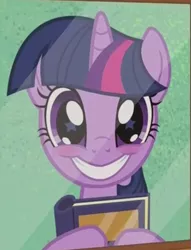 Size: 501x657 | Tagged: safe, derpibooru import, screencap, twilight sparkle, pony, unicorn, the point of no return, adorkable, blushing, book, bookhorse, cropped, cute, dork, female, grin, happy, hoof hold, looking at you, mare, photo, picture, picture frame, smiling, solo, squee, starry eyes, twiabetes, unicorn twilight, wingding eyes