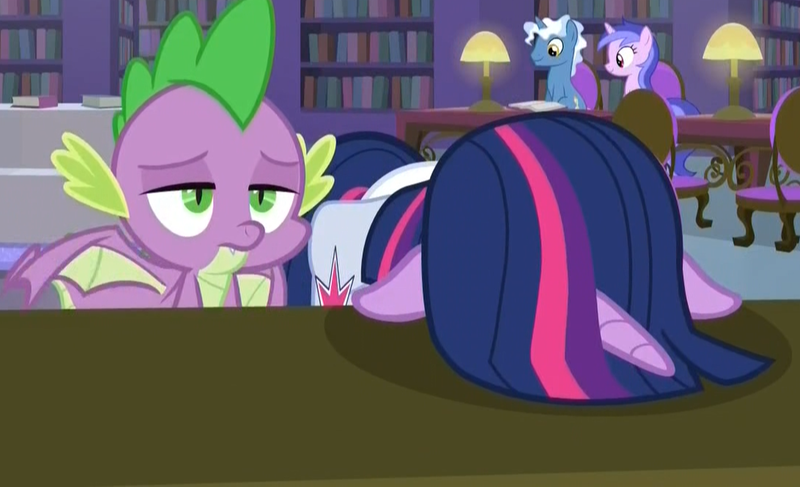 Size: 1092x665 | Tagged: safe, derpibooru import, screencap, pokey pierce, sea swirl, seafoam, spike, twilight sparkle, twilight sparkle (alicorn), alicorn, dragon, pony, the point of no return, annoyed, bag, bookshelf, chair, duo focus, facedesk, female, floppy ears, frustrated, headdesk, lamp, library, male, mare, saddle bag, stallion, tired, winged spike