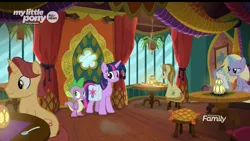 Size: 1920x1080 | Tagged: safe, derpibooru import, screencap, nightly wisp, spike, twilight sparkle, twilight sparkle (alicorn), unnamed character, unnamed pony, alicorn, dragon, pony, unicorn, the point of no return, avocado toast, background pony, chair, curtains, discovery family logo, female, glowing horn, horn, lamp, magic, male, mare, menu, potted plant, sitting, spoon, stallion, table, telekinesis, the tasty treat, winged spike