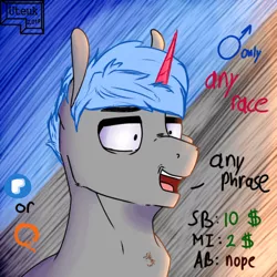 Size: 700x700 | Tagged: safe, artist:uteuk, derpibooru import, pony, abstract background, advertisement, commission, male, solo, ych example, your character here