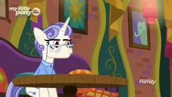 Size: 1920x1080 | Tagged: safe, derpibooru import, screencap, first folio, pony, unicorn, the point of no return, brooch, clothes, discovery family logo, female, glasses, mare, shirt, sitting, table, the tasty treat