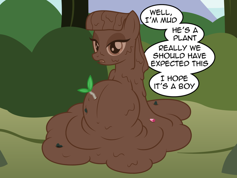 Size: 2852x2139 | Tagged: safe, artist:badumsquish, derpibooru import, maud pie, mudbriar, goo, goo pony, monster pony, original species, bush, dialogue, female, male, maudbriar, mud, mud pony, offscreen character, plant, pov, pregnant, rock, rock candy, shipping, sitting, solo, species swap, straight, talking to viewer