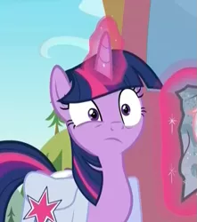 Size: 509x576 | Tagged: safe, derpibooru import, screencap, twilight sparkle, twilight sparkle (alicorn), alicorn, pony, the point of no return, bag, cropped, eye twitch, female, glowing horn, horn, magic, magic aura, mare, reaction image, saddle bag, solo, telekinesis, what has been seen, wide eyes