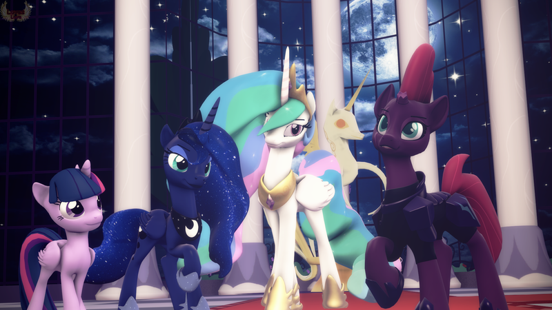 Size: 1920x1080 | Tagged: safe, artist:loveslove, derpibooru import, princess celestia, princess luna, tempest shadow, twilight sparkle, twilight sparkle (alicorn), alicorn, pony, 3d, castle, moon, one hoof raised, royal sisters, source filmmaker