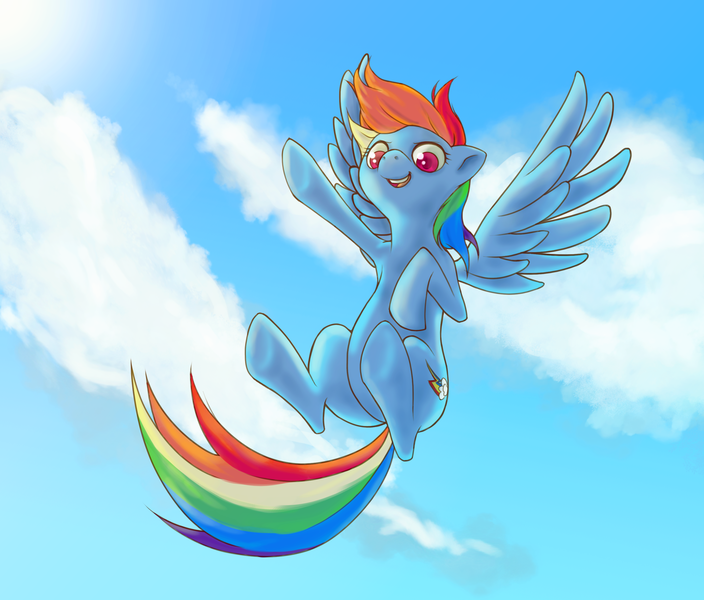 Size: 2700x2300 | Tagged: safe, artist:arurein, derpibooru import, rainbow dash, pegasus, pony, backwards cutie mark, cloud, colored pupils, cute, dashabetes, female, flying, mare, open mouth, sky, solo, underhoof