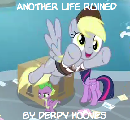 Size: 420x389 | Tagged: safe, derpibooru import, edit, edited screencap, screencap, derpy hooves, spike, twilight sparkle, twilight sparkle (alicorn), alicorn, dragon, pegasus, pony, the point of no return, bad end, box, butt, caption, female, image macro, letter, mail, mailmare, male, mare, package, plot, text, winged spike