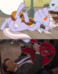 Size: 658x838 | Tagged: safe, derpibooru import, edit, edited screencap, screencap, dusty pages, earth pony, human, pony, the point of no return, back to the future, comparison, cropped, female, guitar, mare, marty mcfly, michael j. fox, musical instrument, on back, tongue out