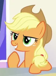 Size: 257x351 | Tagged: safe, derpibooru import, screencap, applejack, earth pony, pony, sparkle's seven, cropped, female, freckles, mare, raised hoof, sitting, solo