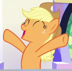 Size: 528x520 | Tagged: safe, derpibooru import, screencap, applejack, earth pony, pony, sparkle's seven, cropped, eyes closed, female, freckles, mare, open mouth, solo