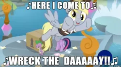 Size: 610x340 | Tagged: alicorn, andy kaufman, box, caption, derpibooru import, derpy hooves, dragon, edit, edited screencap, image macro, latter, liar liar, mail, mighty mouse, safe, school of friendship, screencap, spike, text, the point of no return, twilight sparkle, twilight sparkle (alicorn), water, waterfall, winged spike