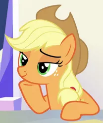 Size: 435x523 | Tagged: safe, derpibooru import, screencap, applejack, earth pony, pony, sparkle's seven, cropped, female, freckles, hoof on chin, lidded eyes, mare, raised hoof, sitting, solo