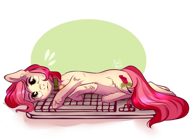 Size: 2101x1529 | Tagged: safe, artist:purry_much, derpibooru import, roseluck, earth pony, pony, behaving like a cat, collar, cute, cuteluck, ear fluff, female, fluffy, keyboard, leg fluff, lying, mare, pet tag, pony pet, rosepet